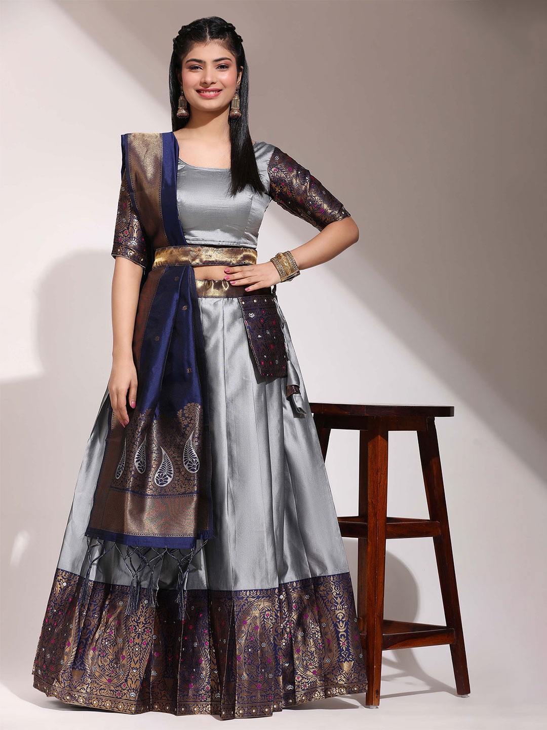 

Payu Semi-Stitched Lehenga & Unstitched Blouse With Dupatta, Grey