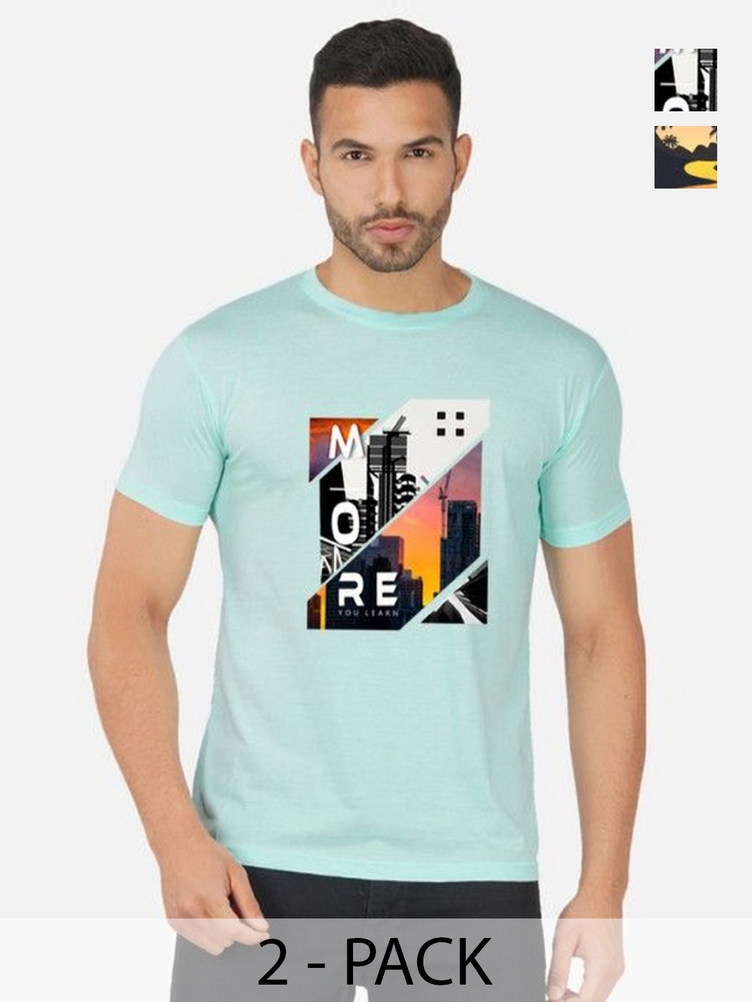 

GLOBAL NOMAD Men 2 Printed Bio Finish Applique T-shirt, Turquoise blue