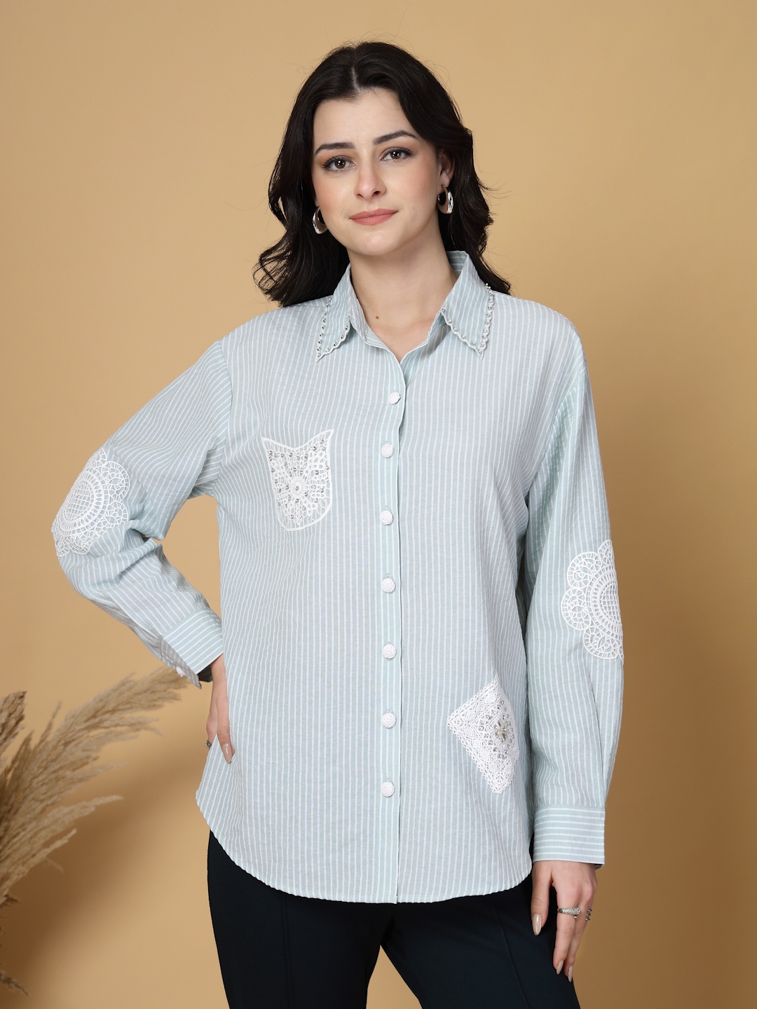 

Gipsy Women Contemporary Pinstripes Opaque Striped Casual Shirt, Green