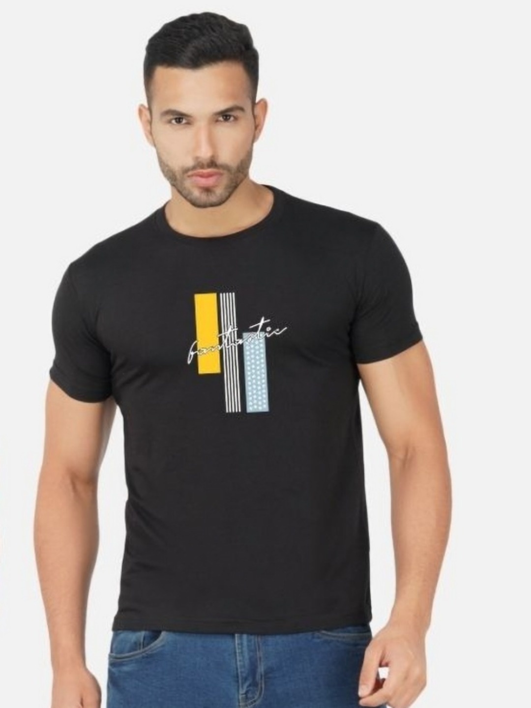 

GLOBAL NOMAD Men 2 Printed Bio Finish Applique T-shirt, Turquoise blue
