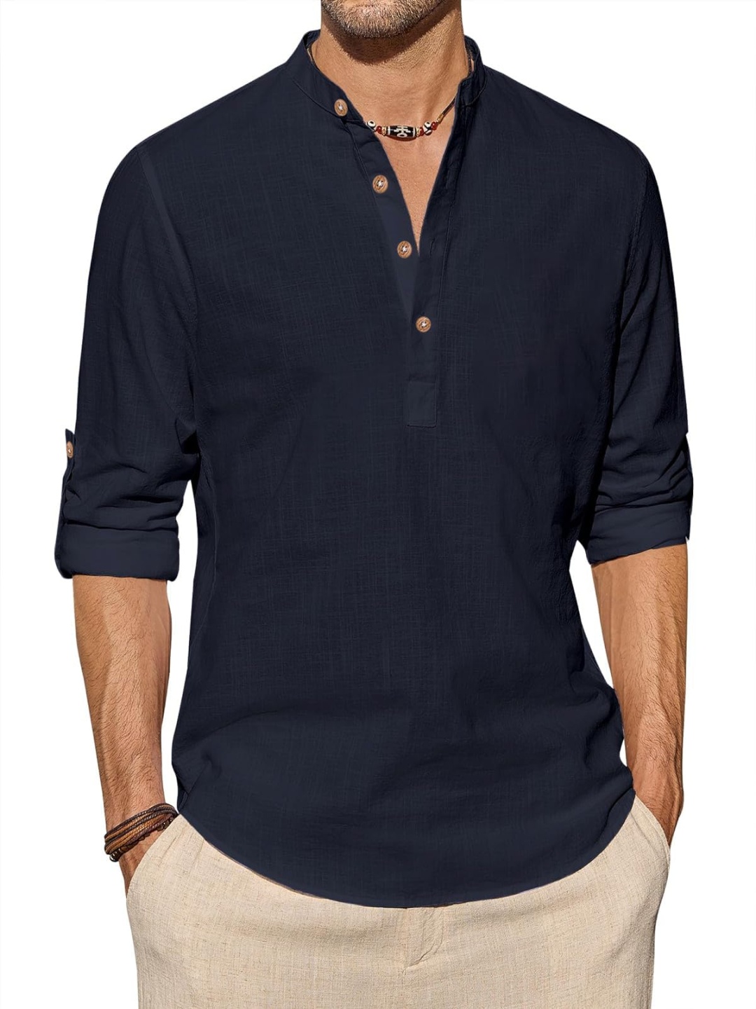 

EdinWolf Pure Cotton Band Collar Roll-Up Sleeves Short Kurta, Navy blue