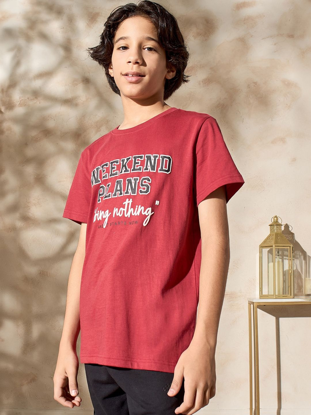 

max Boys Typography Printed V-Neck Pockets T-shirt, Red