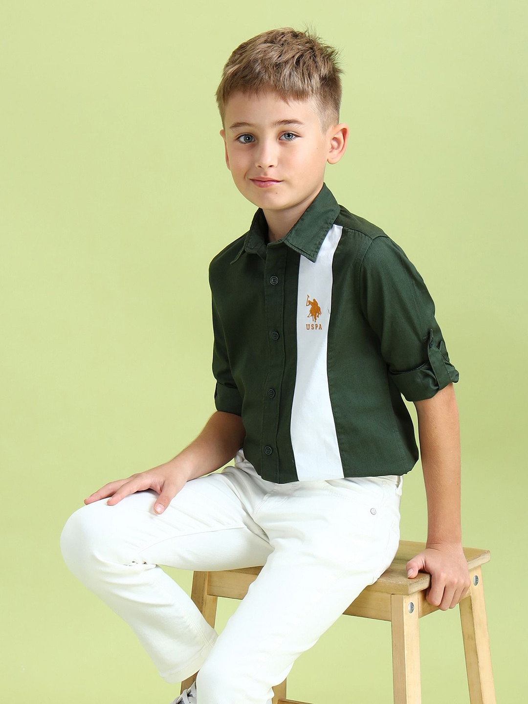 

U.S. Polo Assn. Kids Boys Colourblocked Pure Cotton Casual Shirt, Green