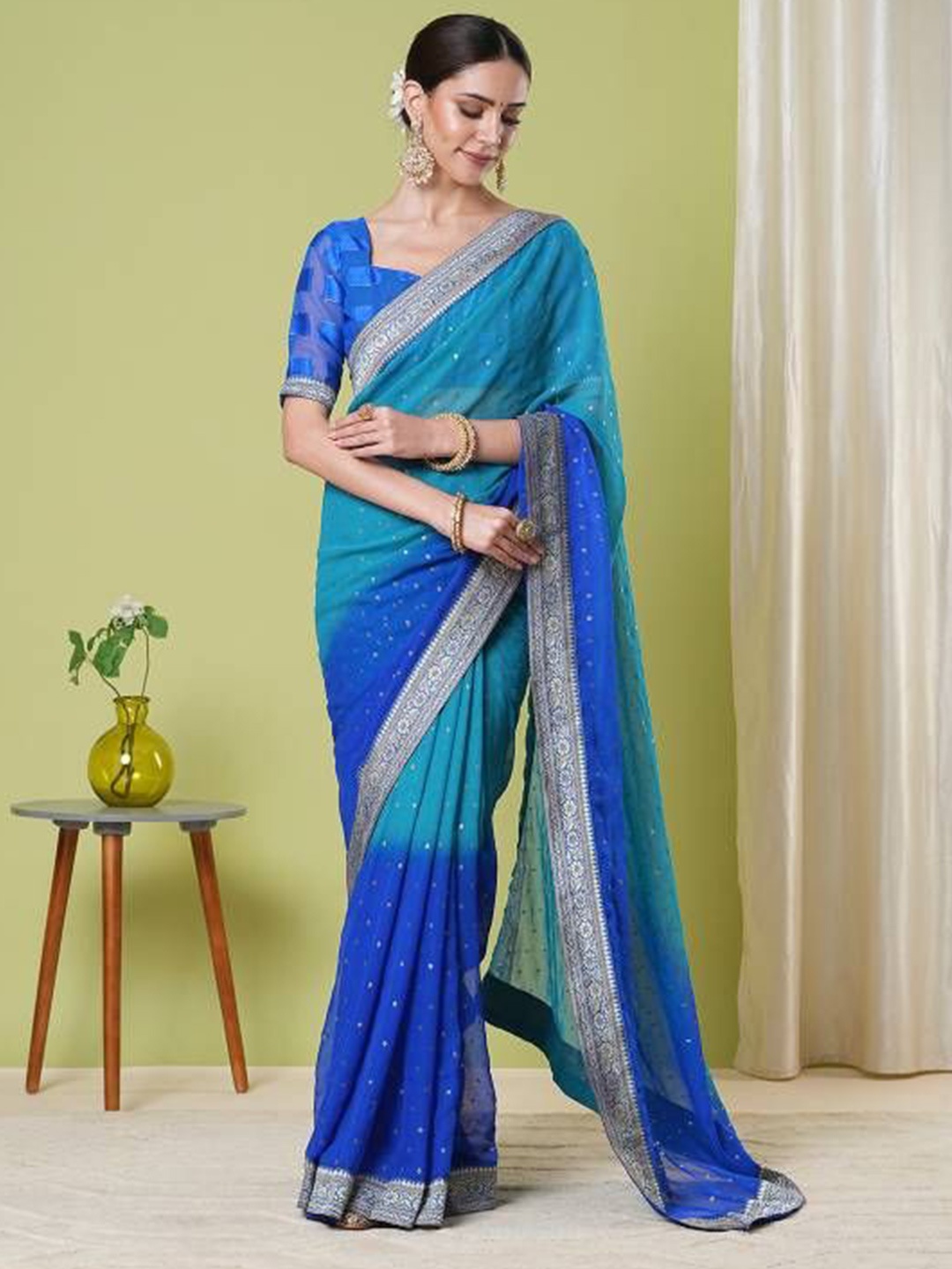 

HERE&NOW Woven Design Zari Poly Georgette Banarasi Saree, Blue