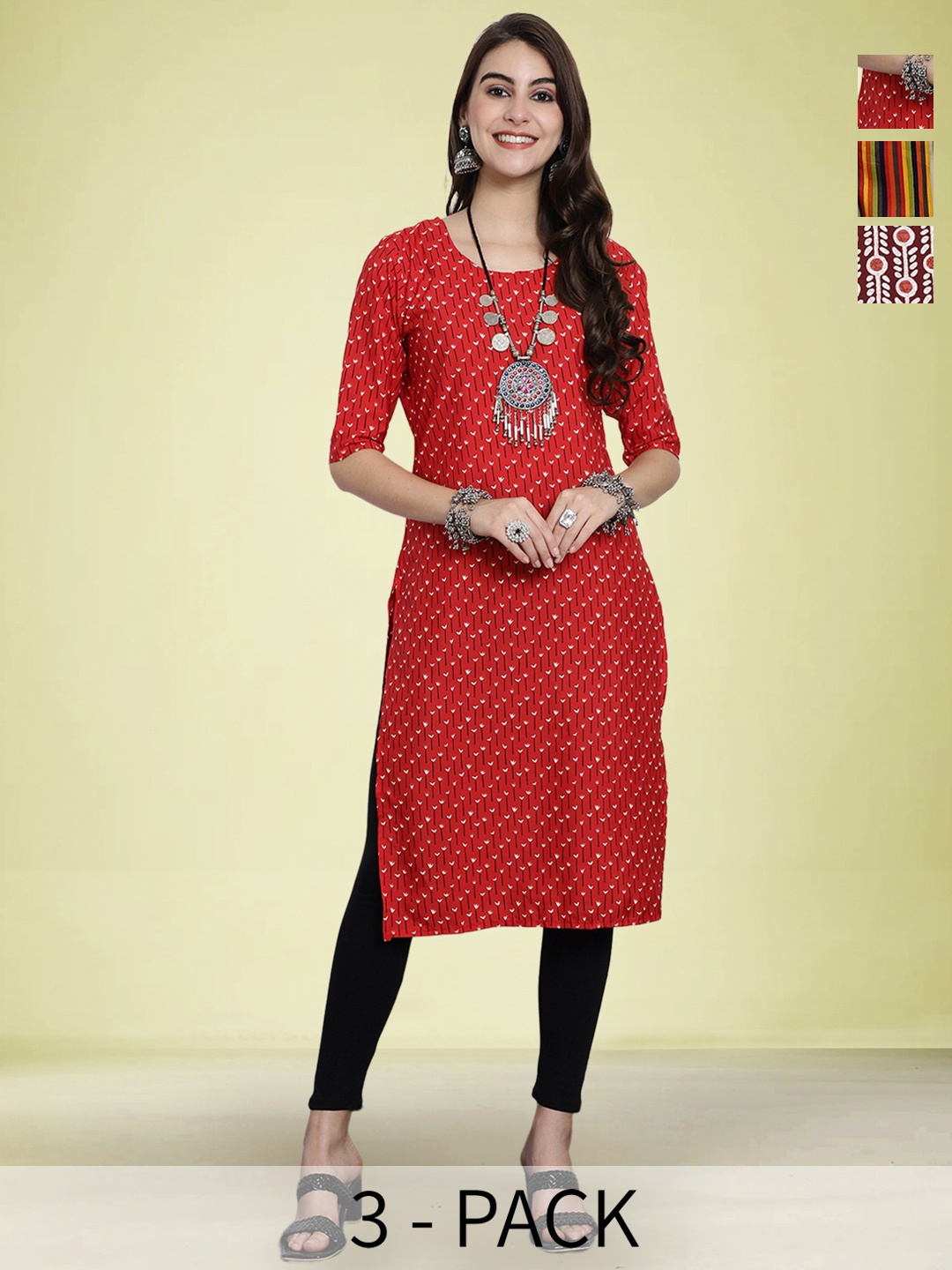 

Moda Rapido Selection Of 3 Floral Printed Round Neck Straight Kurtas, Red