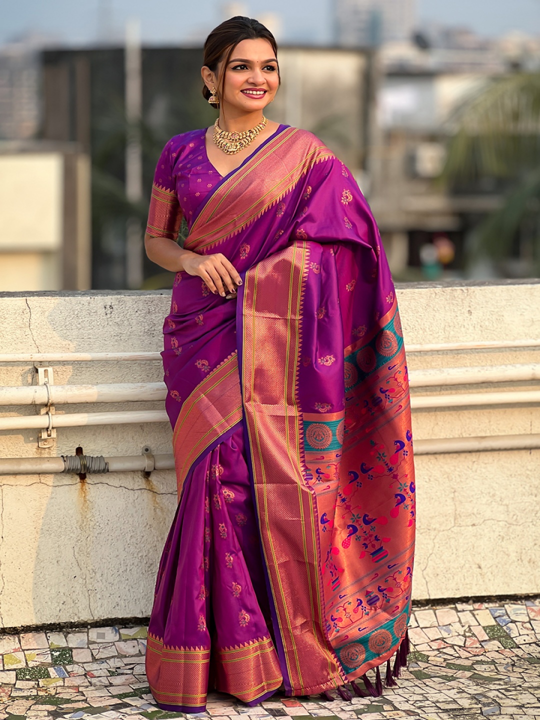

all about you Woven Design Zari Silk Blend Paithani Saree, Magenta