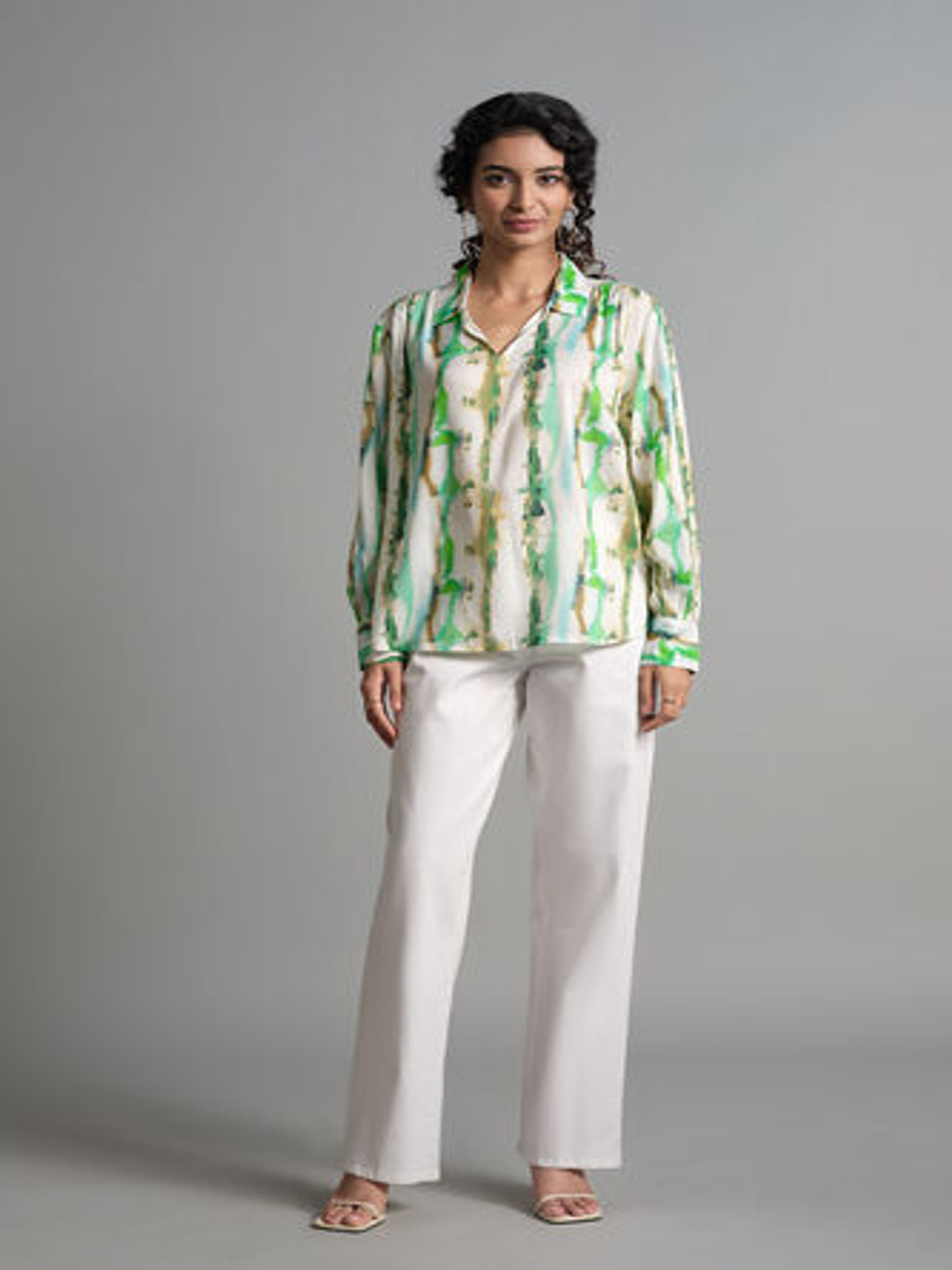 

AND Tropical Print Shirt Style Top, Off white