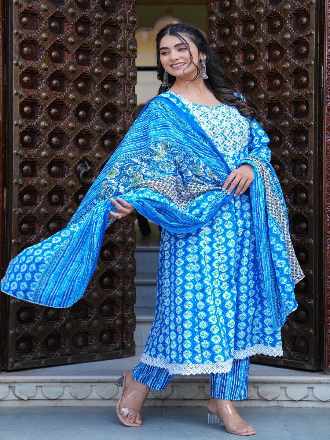 

SINGNI Women Ethnic Motifs Embroidered Pleated Thread Work Pure Cotton Kurta with Trousers & With Dupatta, Blue