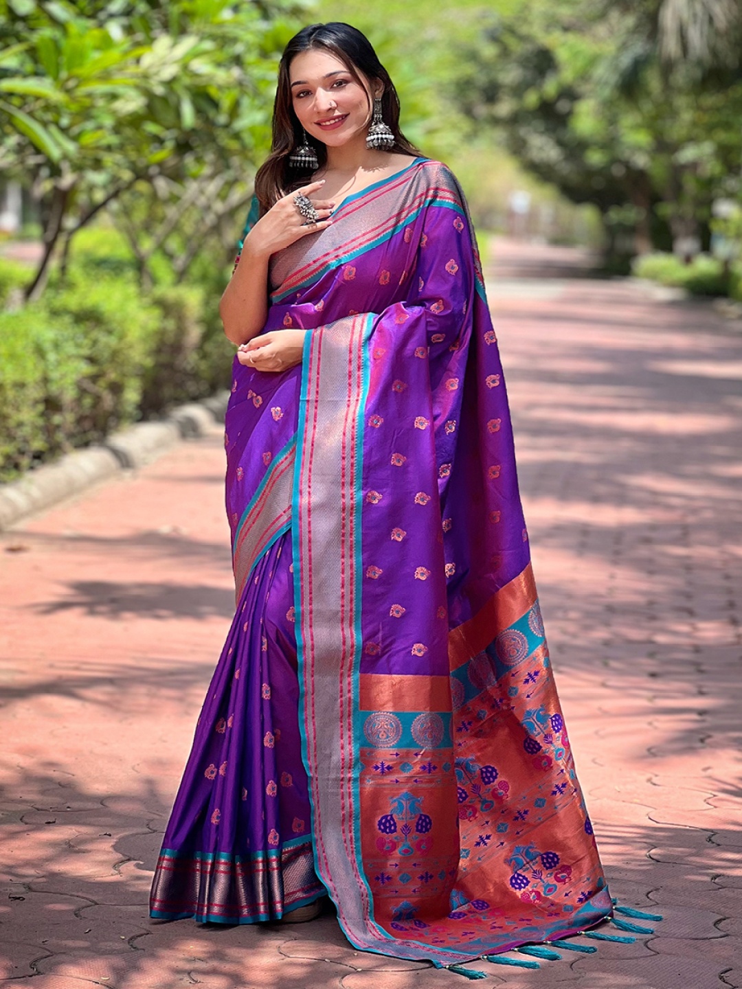 

all about you Woven Design Zari Silk Blend Paithani Saree, Purple