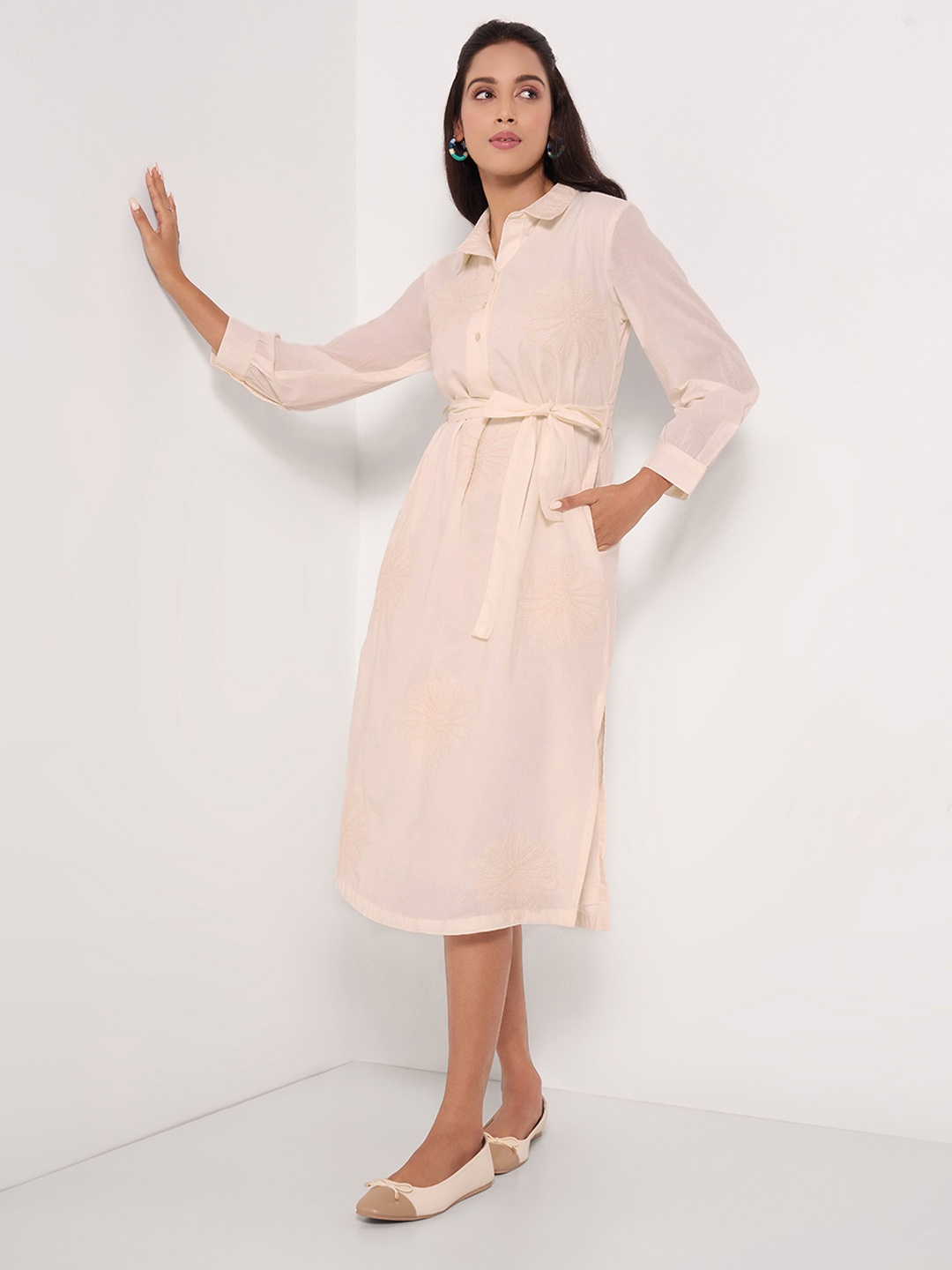 

AKKRITI BY PANTALOONS Embroidered Shirt Midi Dress, White