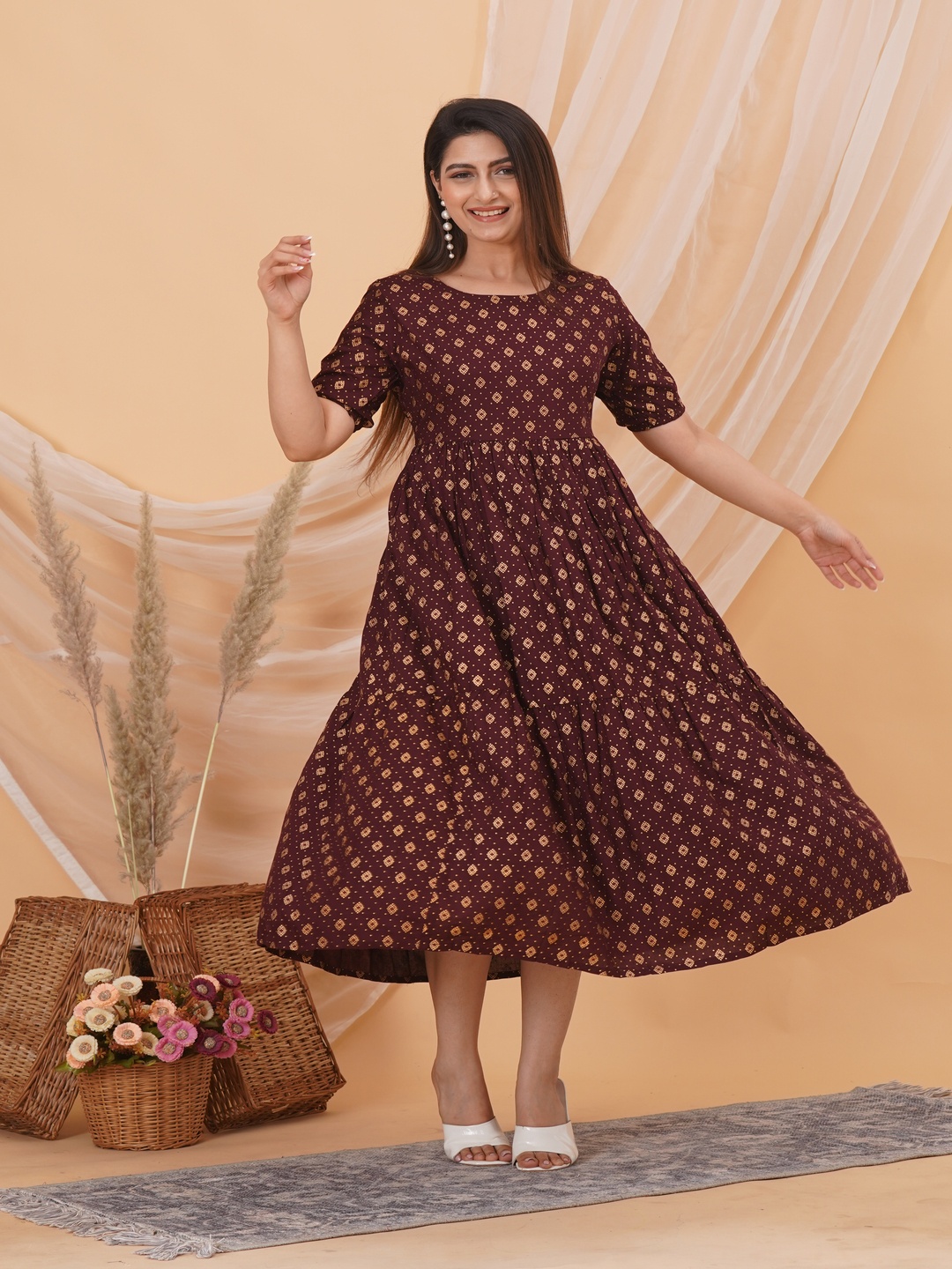 

Malia Floral Print Fit & Flare Midi Dress, Gold