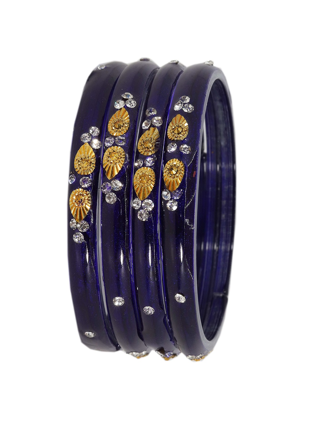 

ZULKA Set Of 4 Zircon Gemstone Studded And Beads Glossy Finish Bangles, Blue