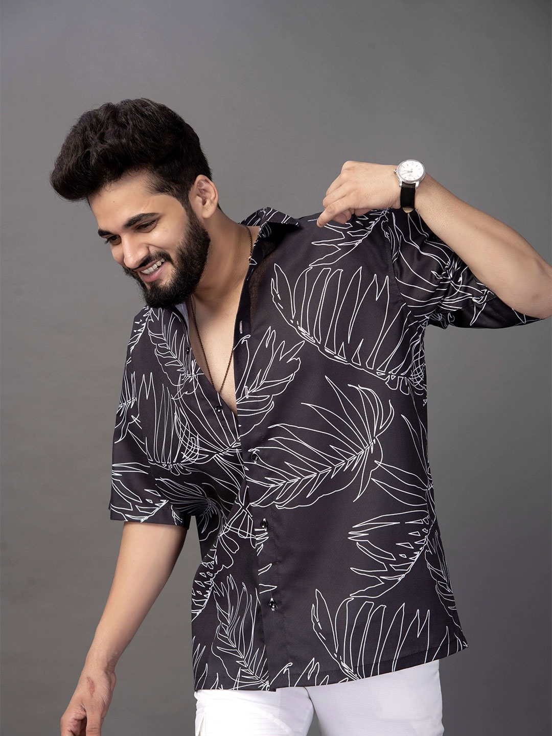 

BROWN BROTHERS Unisex Relaxed Opaque Printed Casual Shirt, Black