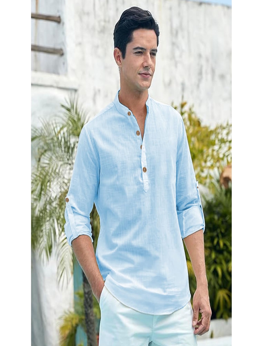 

EdinWolf Slim Fit Mandarin Collar Roll-Up Sleeves Cotton Straight Short Kurta, Blue
