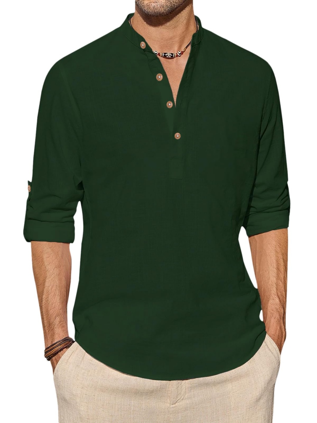 

EdinWolf Band Collar Rolled-Up Sleeves Slim Fit Pure Cotton Short Kurta, Green