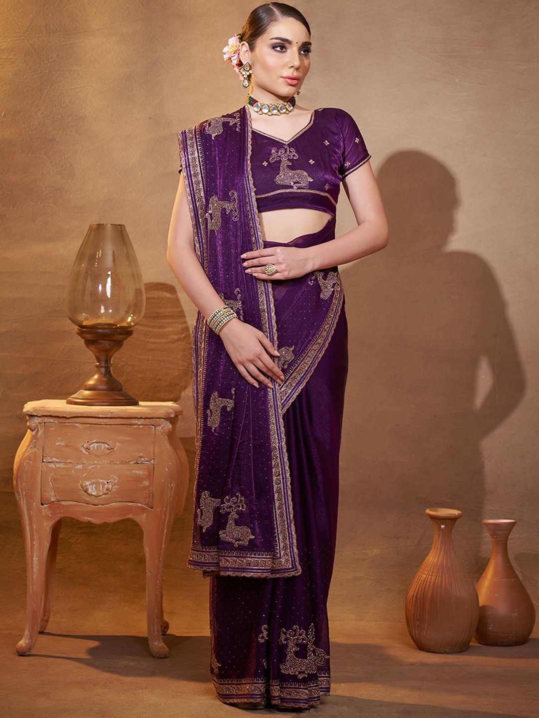 

Mitera Embellished Beads and Stones Satin Saree, Purple