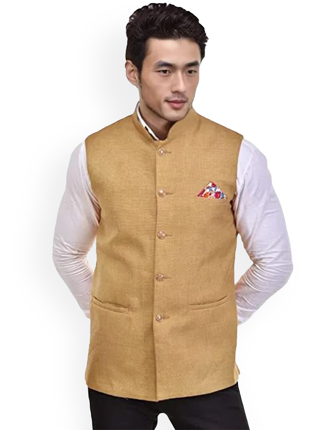 

Seetoo Mandarin Collar Woven Design Nehru Jacket, Yellow