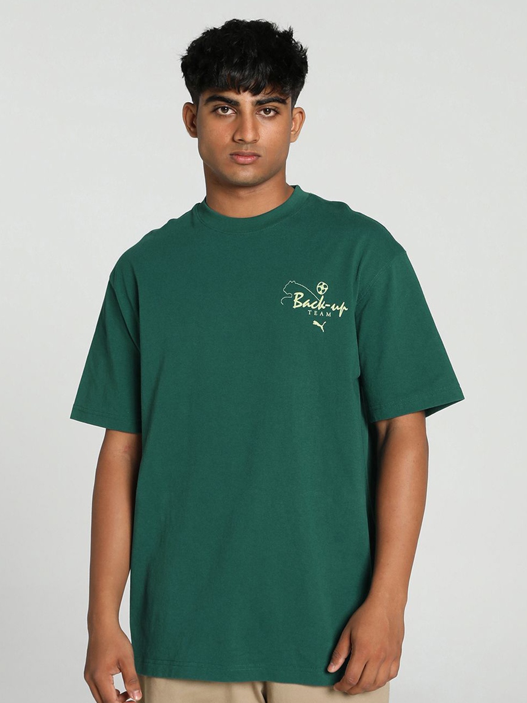 

Puma Graphics Back-Up Team Printed Pure Cotton Relaxed Fit Short Sleeve T-Shirt, Green