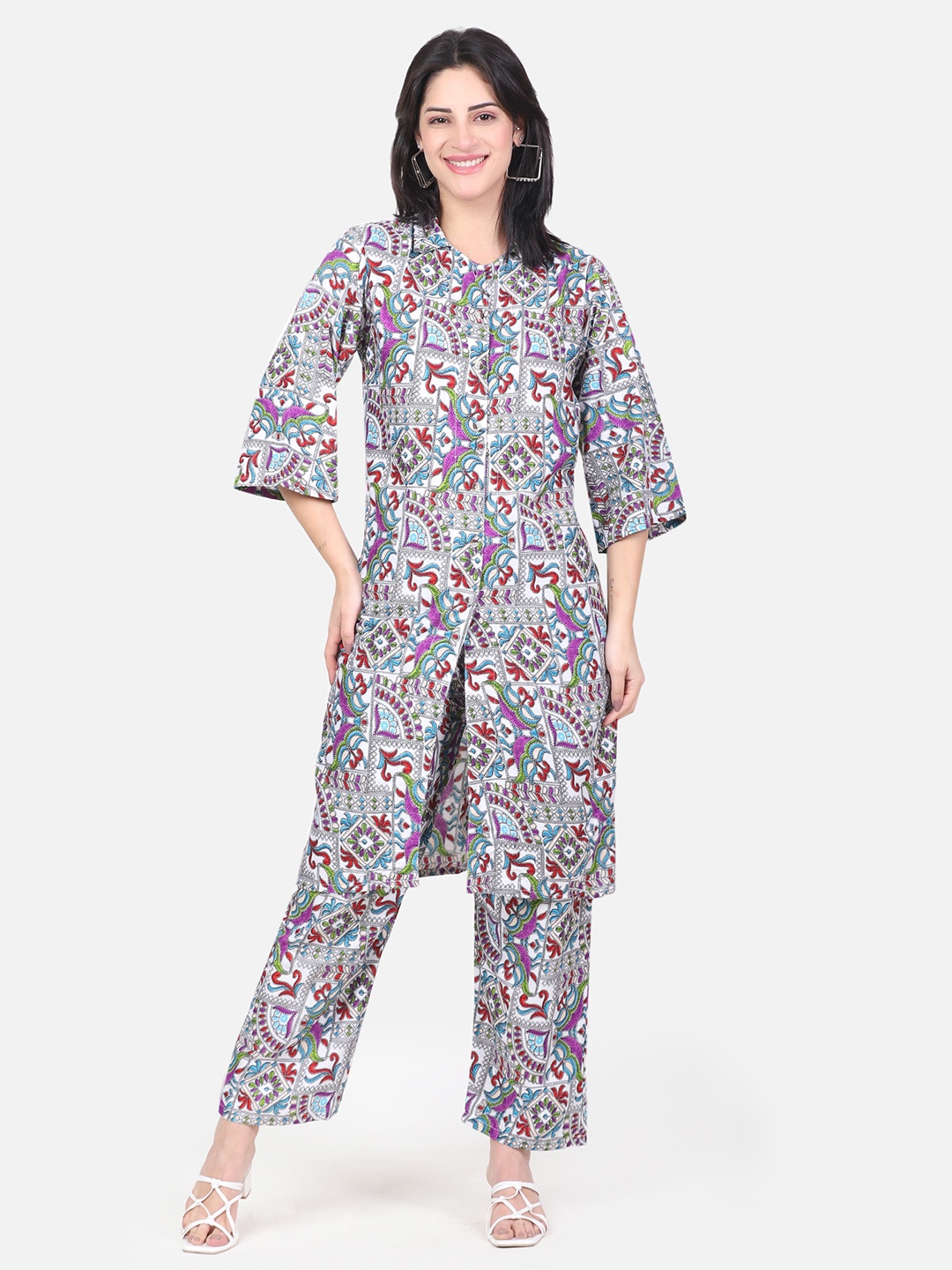 

ROSEMELON Geometric Printed Shirt Collar Kurta With Trousers, White