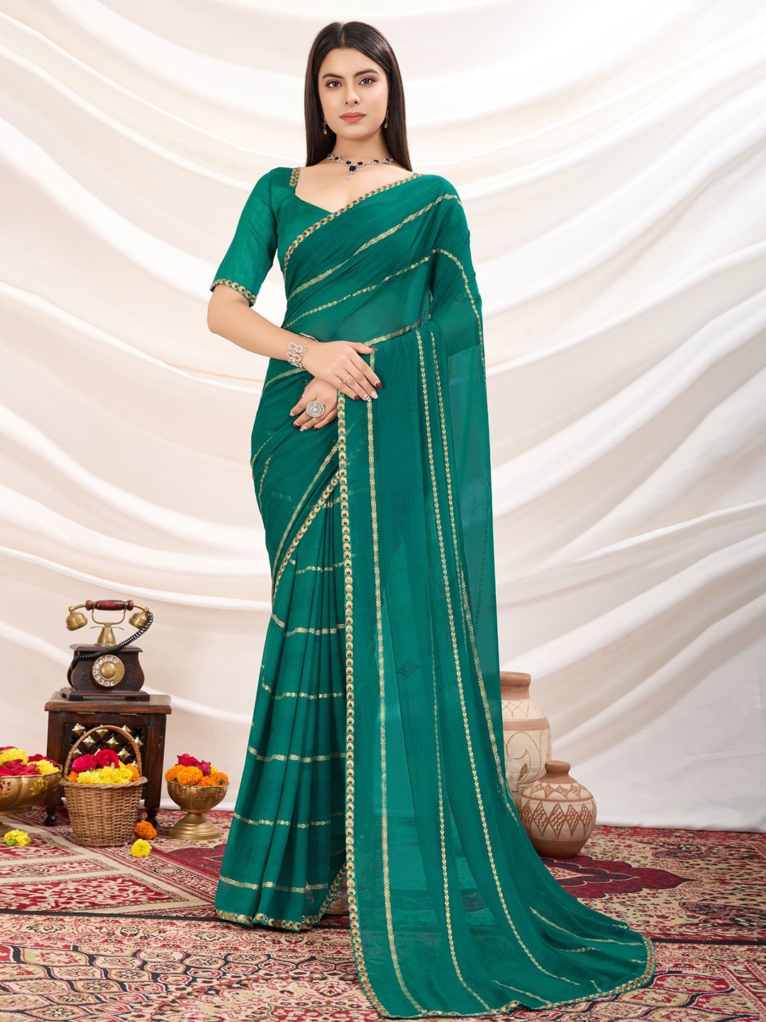 

Mitera Embellished Zari Poly Georgette Saree, Green