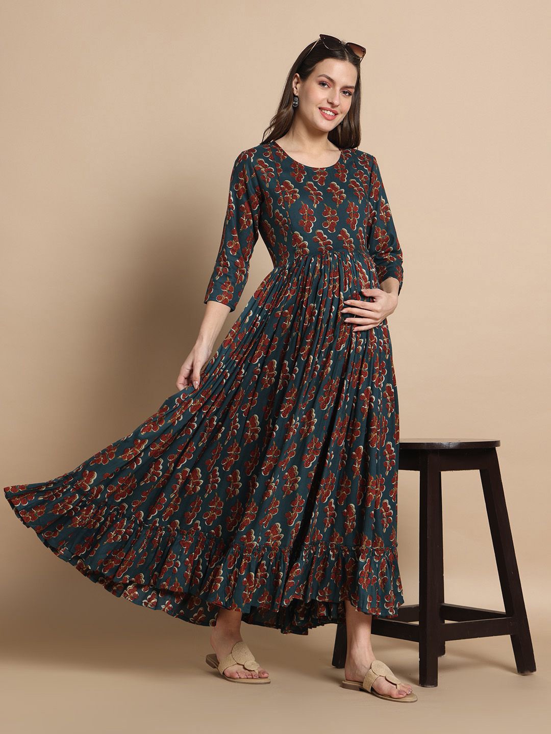 

Gujari Floral Print Maternity Fit & Flare Maxi Dress, Navy blue