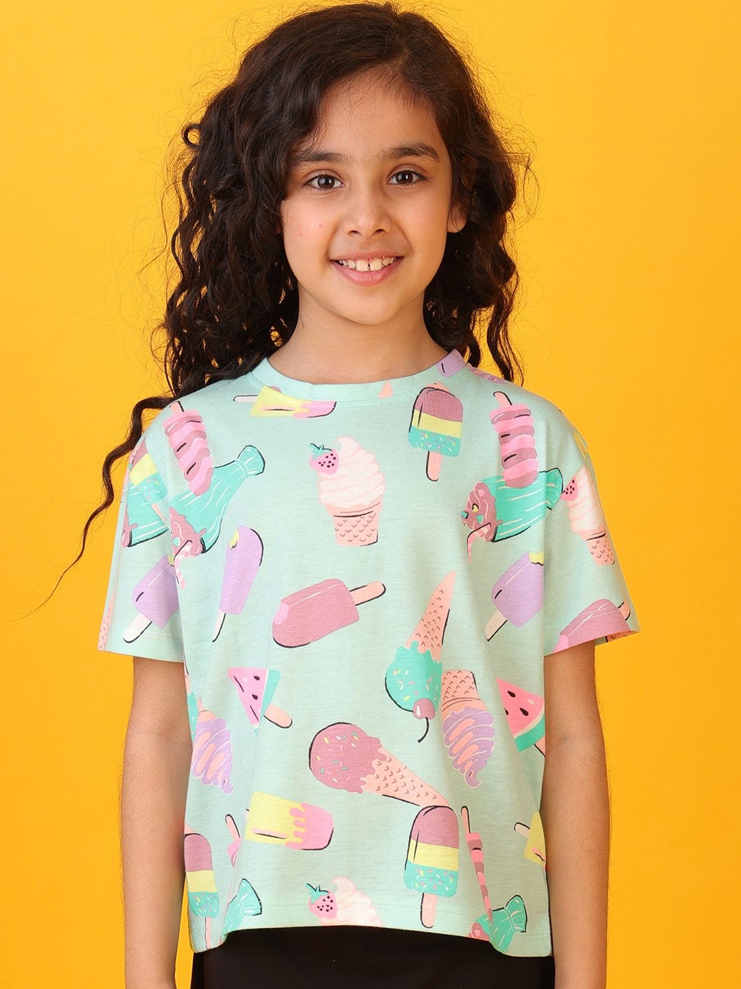

Anthrilo Girls Printed Drop-Shoulder Sleeves Pockets T-shirt, Sea green