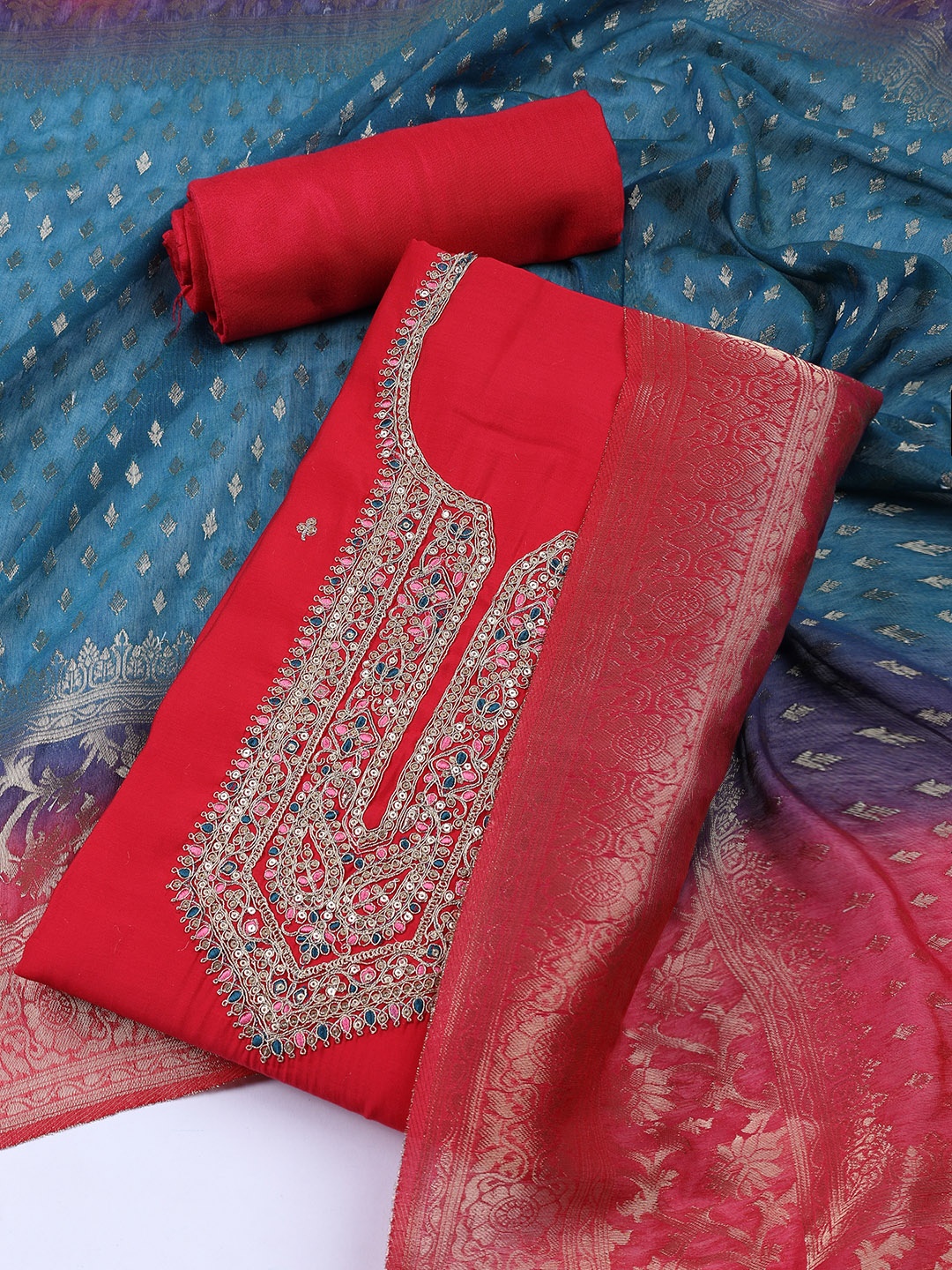 

Meena Bazaar Embroidered Art Silk Unstitched Dress Material, Pink