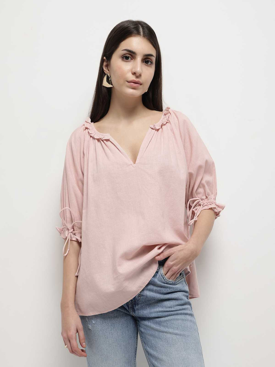 

Marks & Spencer Tie-Up Neck Linen Top, Pink