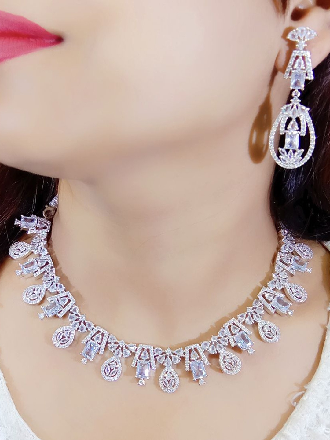 

Ladymania Silver - Plated American Diamond Elegant Jewellery Set, White