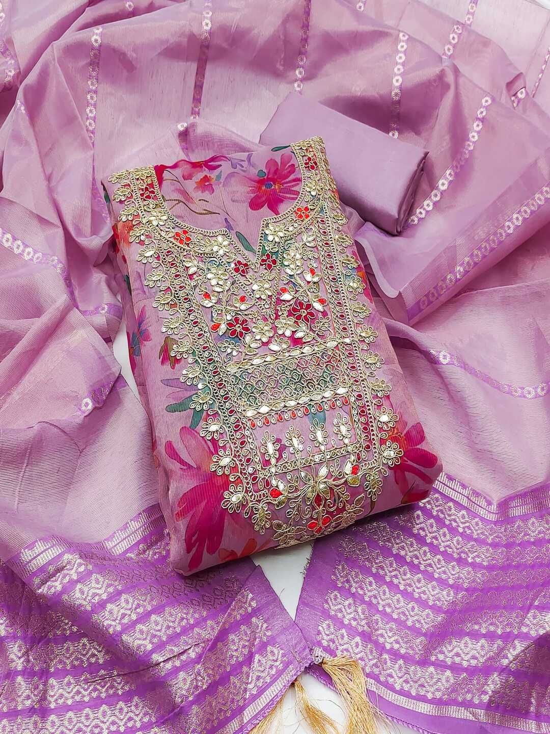

SHIJILA Floral Printed Sequinned Unstitched Dress Material, Lavender