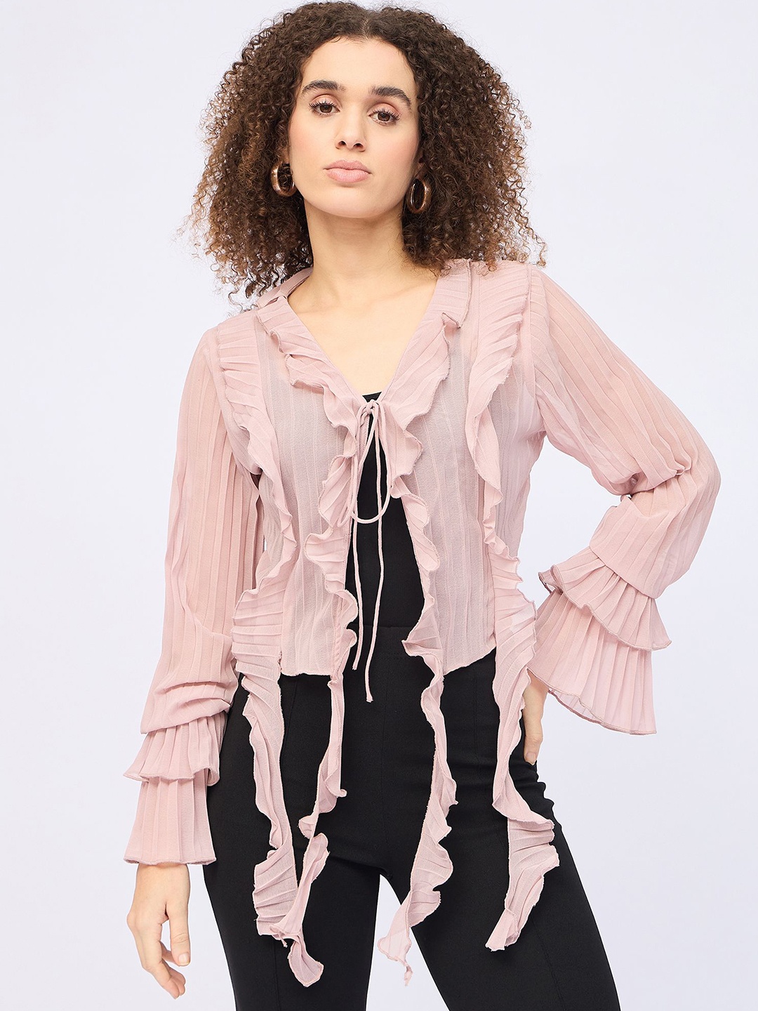 

DressBerry Tie-Up Neck Bell Sleeve Top, Pink