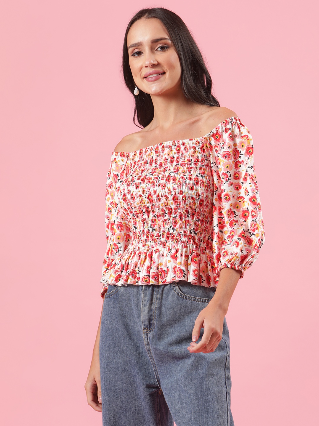 

Shades of Sabi Floral Print Off-Shoulder Cotton Top, Pink