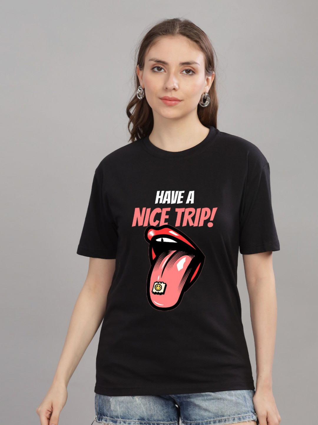 

FALTU.CO Women Printed Drop-Shoulder Sleeves Pure Cotton T-shirt, Black