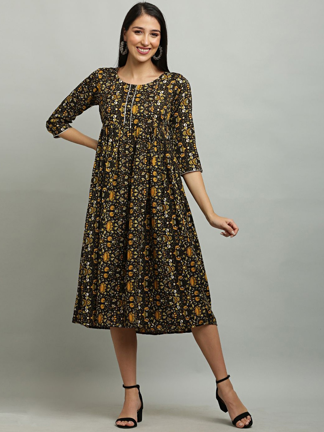 

EZIS FASHION Floral Printed A-Line Midi Ethnic Dress, Green