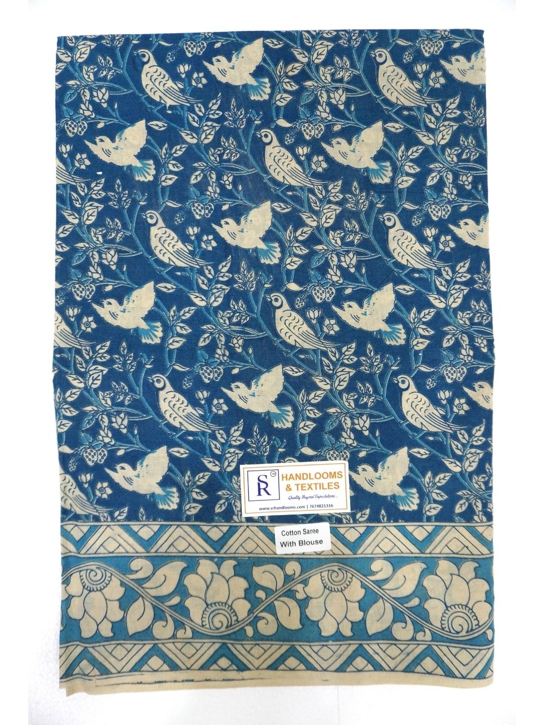 

SR HANDLOOMS AND TEXTILES Kalamkari Pure Cotton Saree, Blue