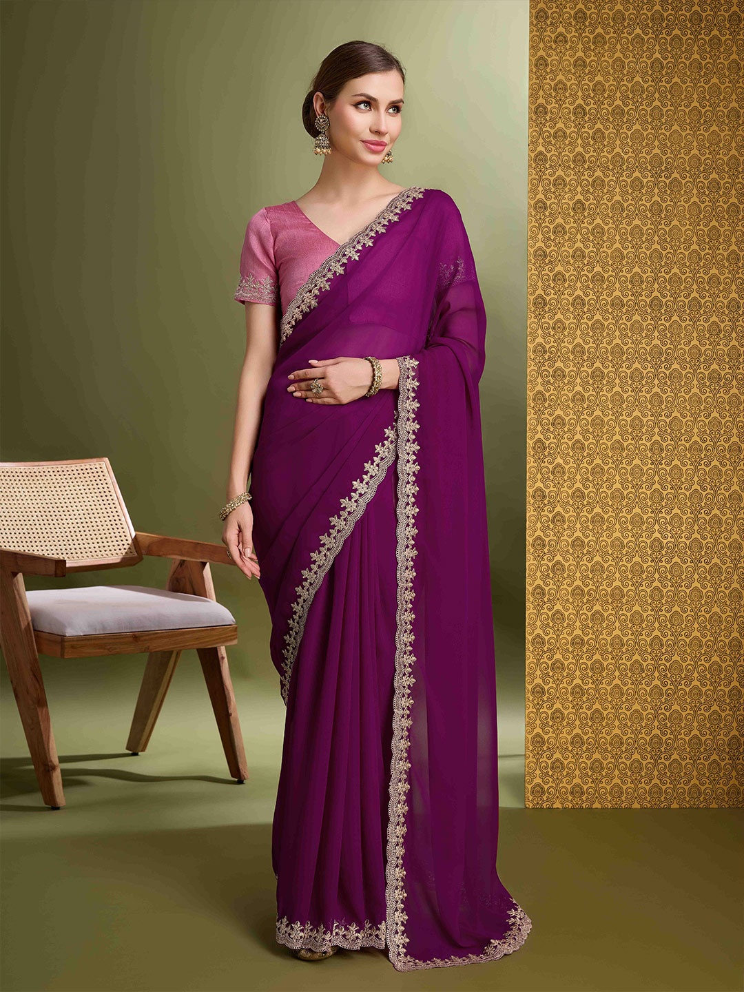 

KIMISHA Embroidered Pure Georgette Saree, Purple