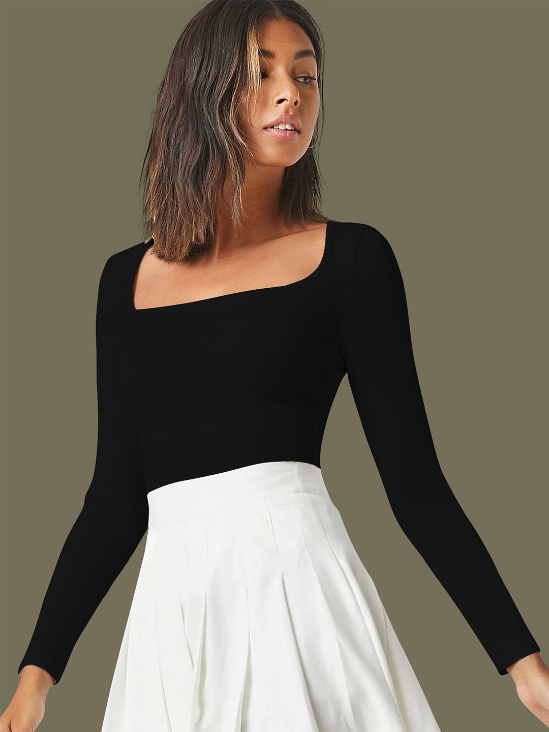 

Dream Beauty Fashion Solid Square Neck Long Sleeves Top, Black