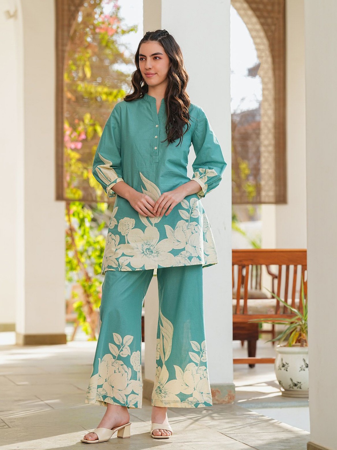 

JISORA Women's Green Printed Cotton Co-ord Set