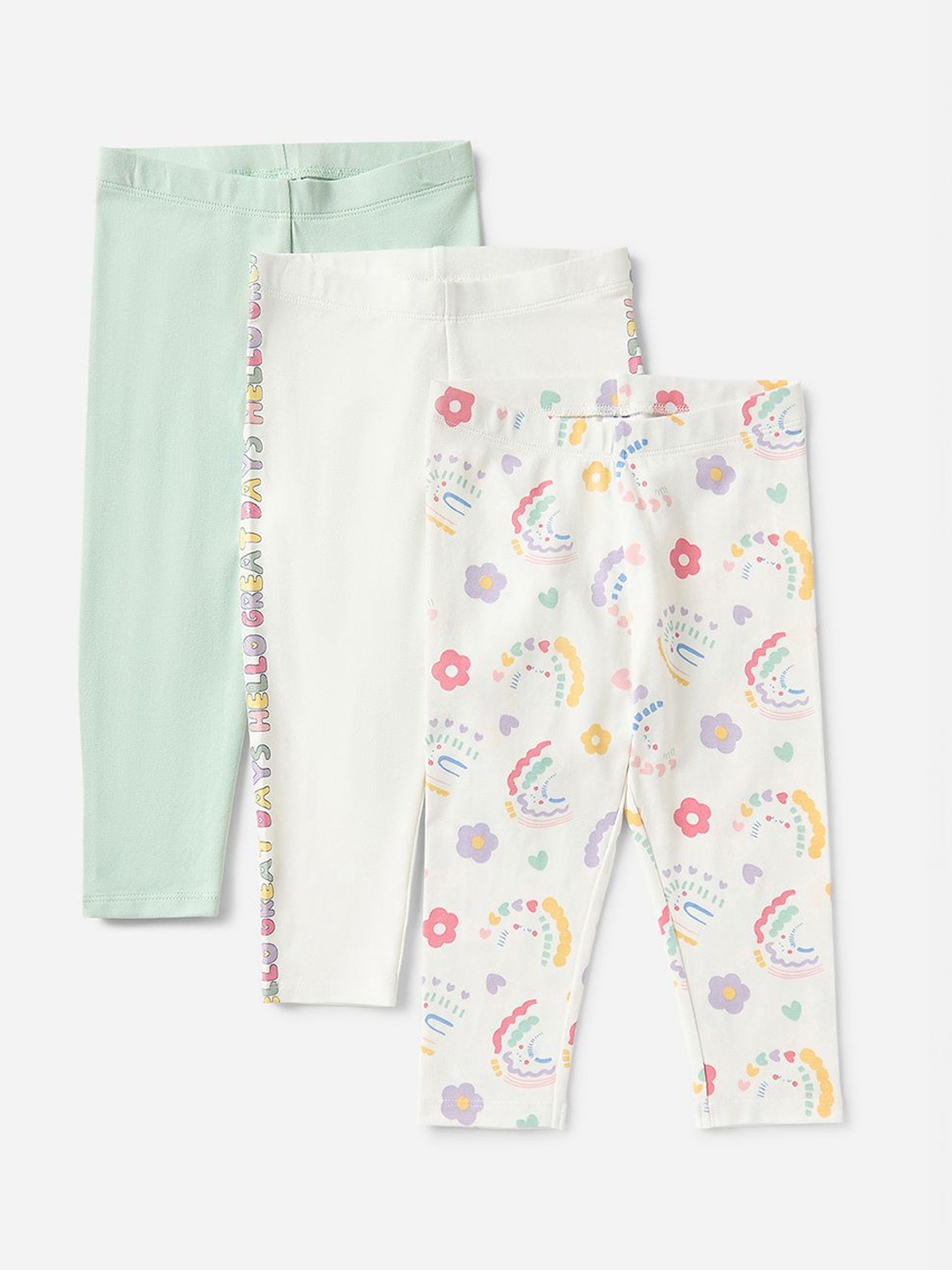 

max Girls Pack Of 3 Printed Cotton Leggings, Green