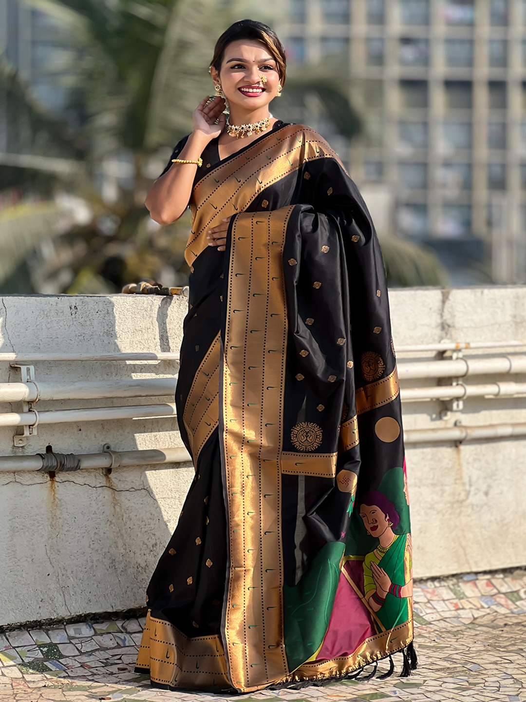 

all about you Woven Design Zari Silk Blend Paithani Saree, Black