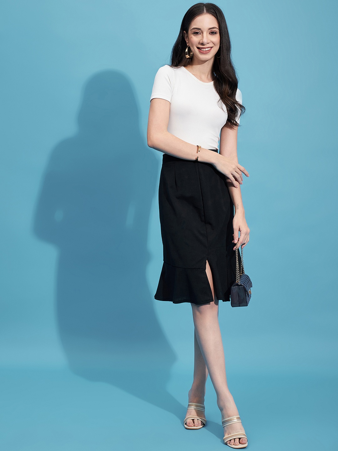 

DIMPY GARMENTS Pencil Fish Cut Knee Length Midi Slit Skirt, Black