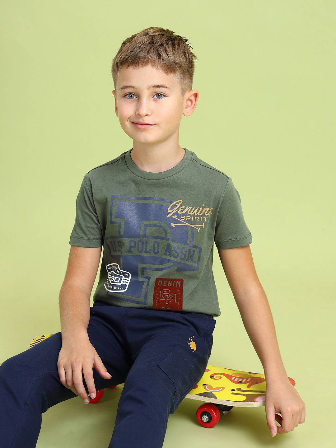 

U.S. Polo Assn. Kids Boys Typography Printed Pure Cotton T-shirt, Olive