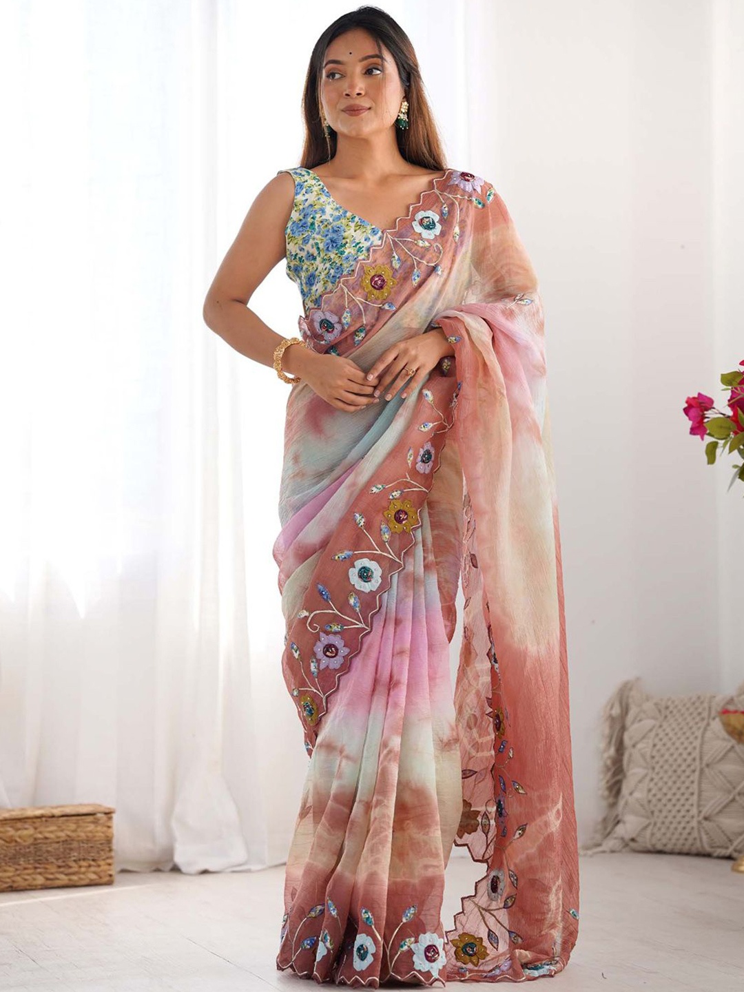 

Saree mall Tie and Dye Beads and Stones Tissue Sarees, Brown