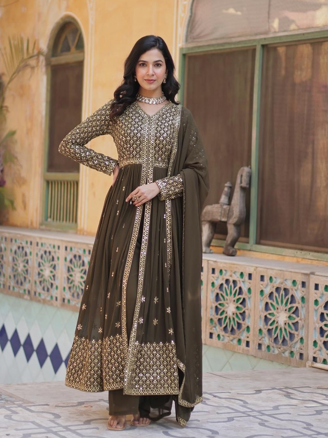 

Tilton Women Georgette Sequins Embroidered Flared Gown With Pant and Heavy Dupatta, Olive