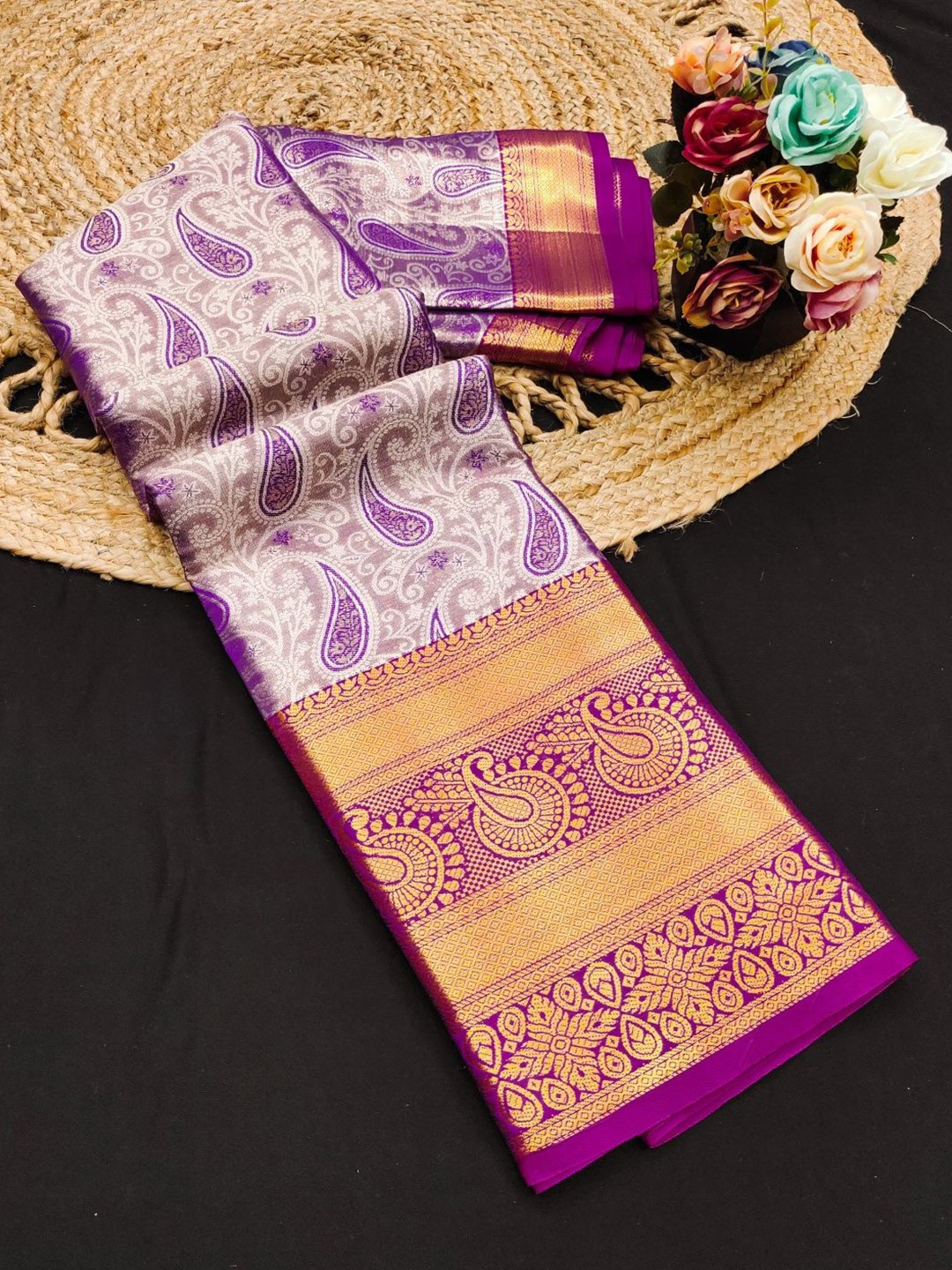 

Mitera Woven Design Zari Pure Silk Kanjeevaram Saree, Purple