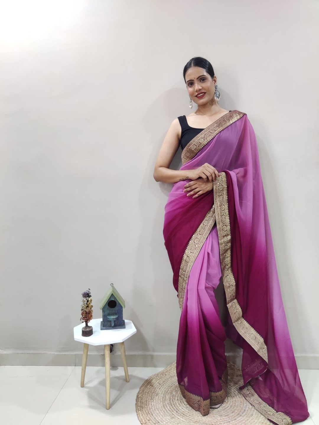 

Rangtulika Ethnics Ombre Zari Poly Georgette Ready to Wear Saree, Purple