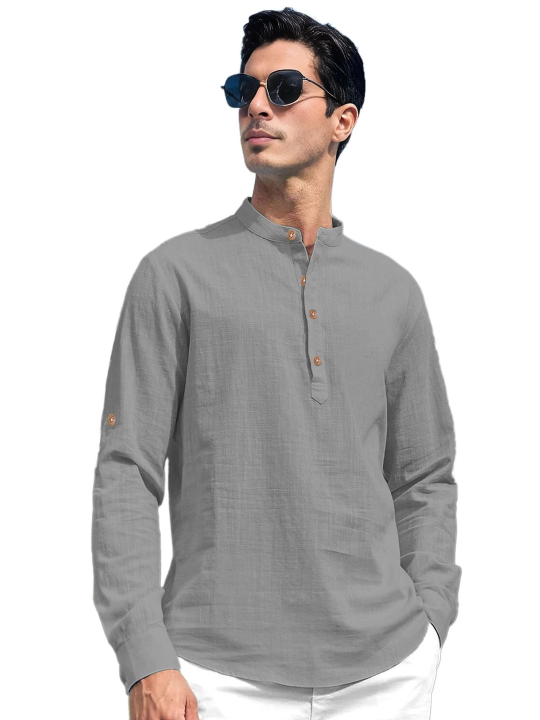 

EdinWolf Pure Cotton Band Collar Roll-Up Sleeves Short Kurta, Grey