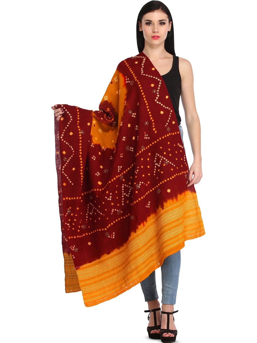 

Exotic India Women Bandhani Embroidered Shawl, Maroon