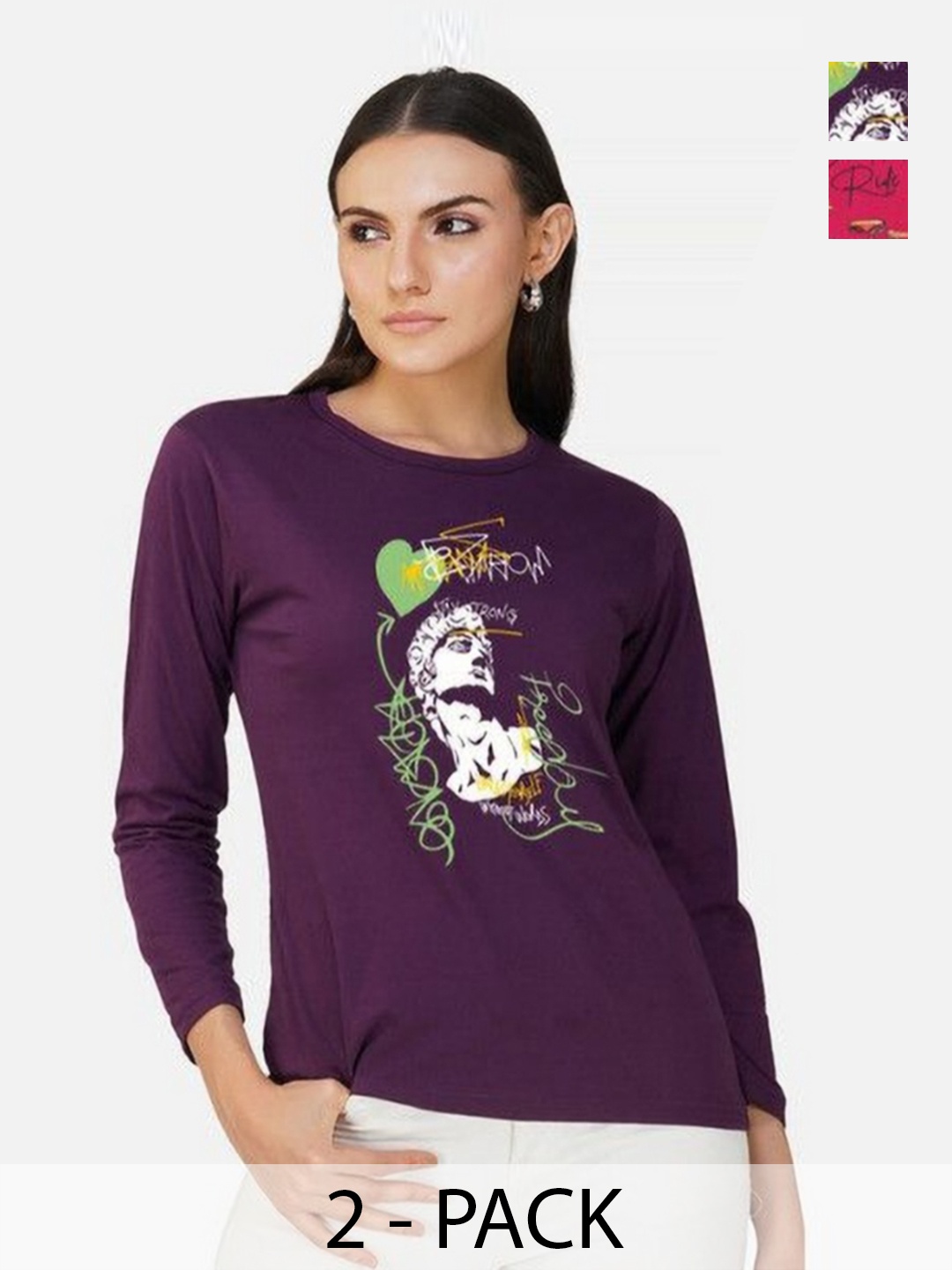 

Metronaut Women 2 Printed Bio Finish Applique T-shirt, Purple