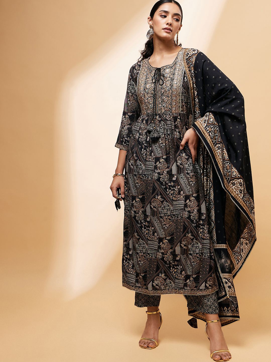 

CHETI Women Ethnic Motifs Yoke Design High Slit Beads and Stones Raw Silk Kurta with Trousers & With Dupatta, Black